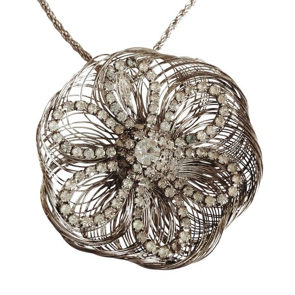Large Wire Rhinestone Flower 2" Pendant Necklace, Extra Long 36" Chain - Picture 5 of 8